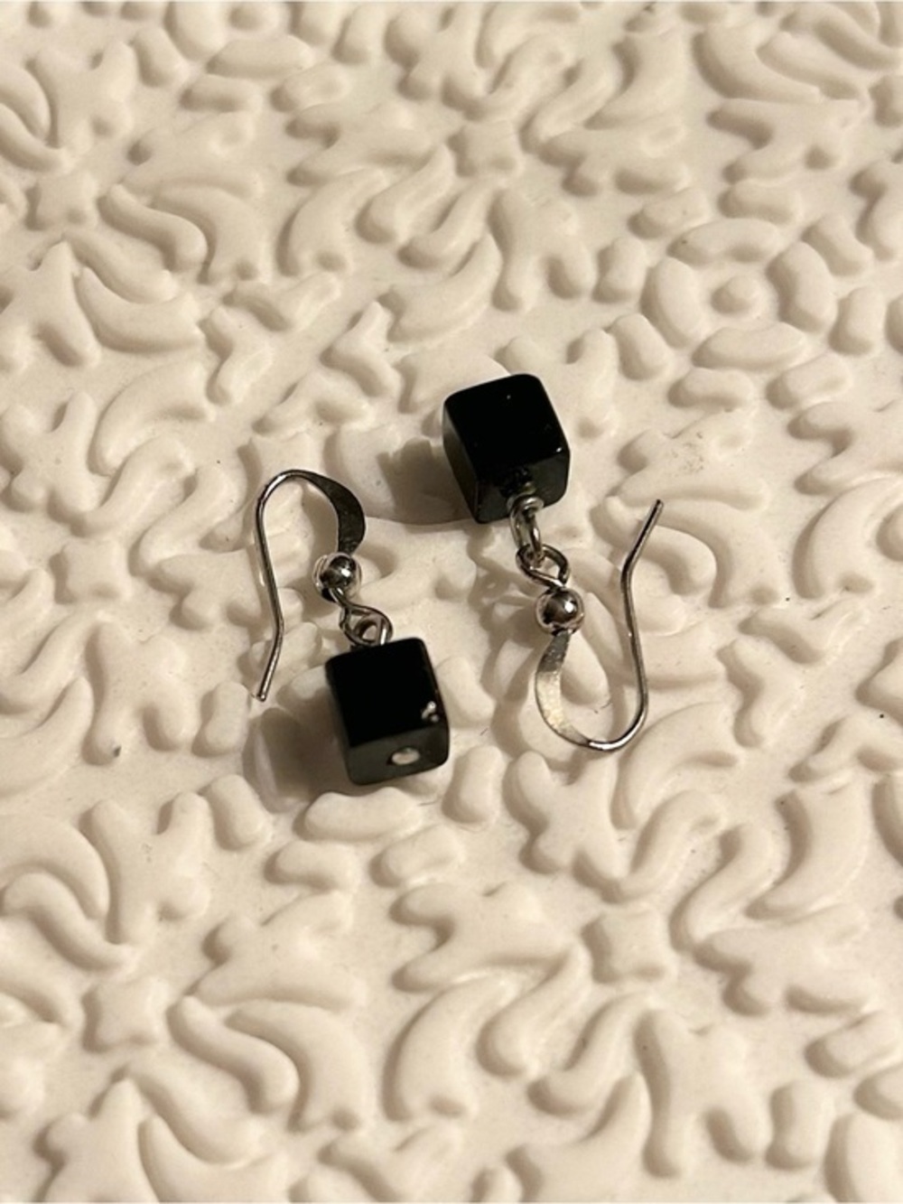 Black Glass Cube Drop Earrings, Polished Silver-Tone Hooks, Delicate - Jewelry